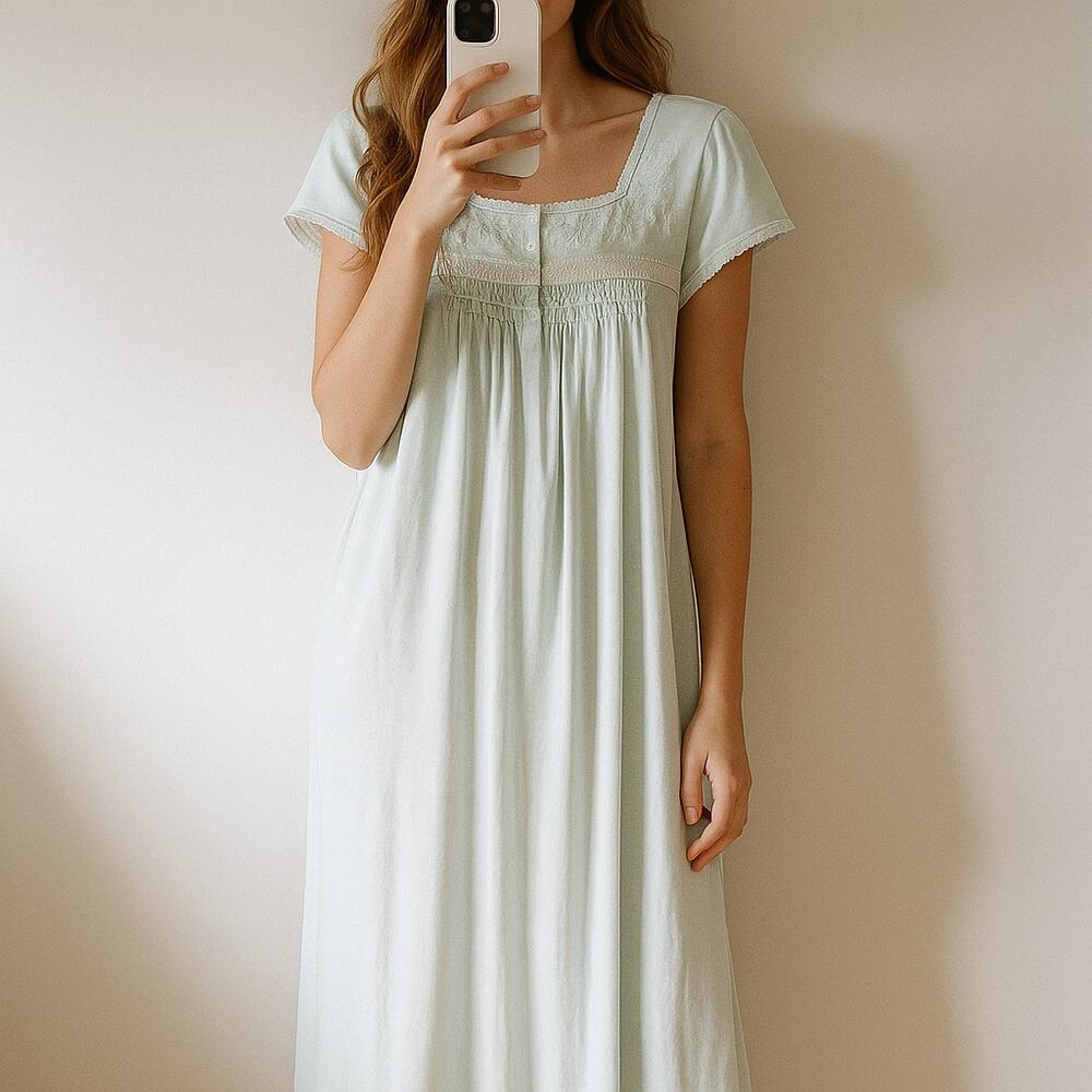 Miss Elaine Blue Nightgown Floral Lace Trim Cozy Sleepwear Classic Medium